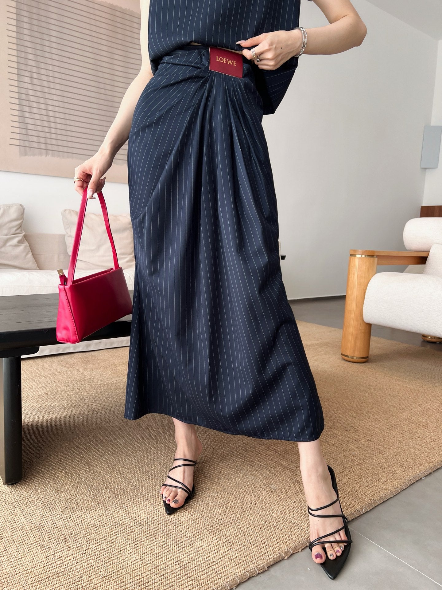 Loe* 25ss Draped Striped Skirt Suit