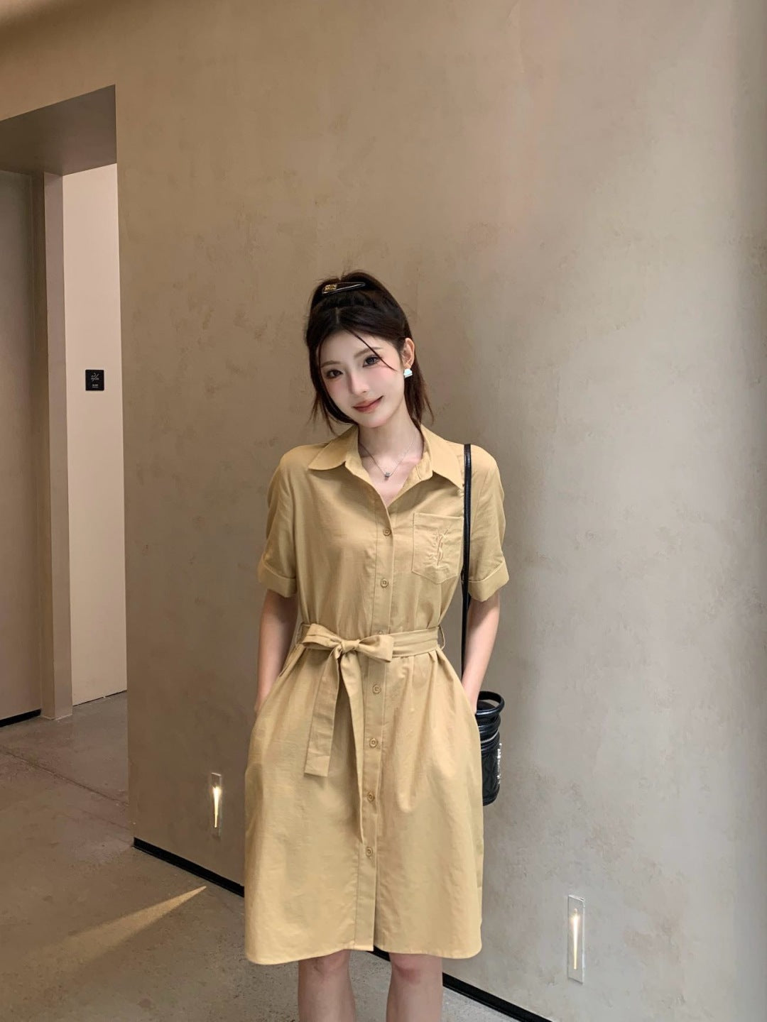 YS* embroidered tied shirtdress