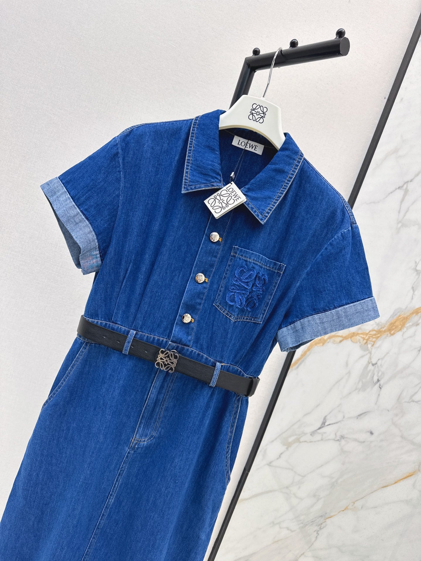 Loe* button belted denim dress
