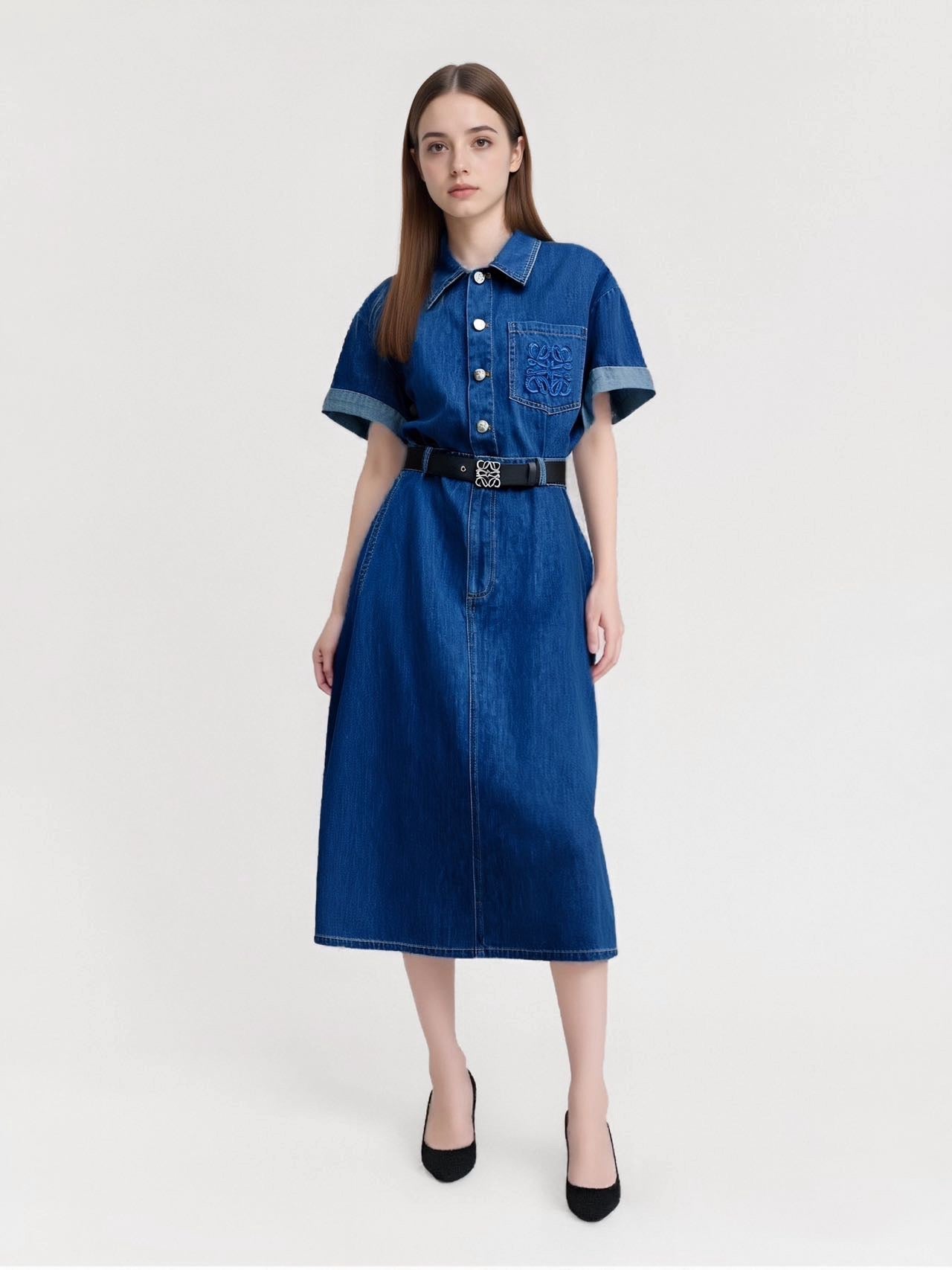 Loe* button belted denim dress
