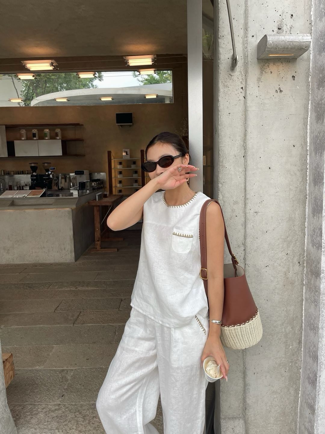 Lor*P new embroidered trim vest and pants set