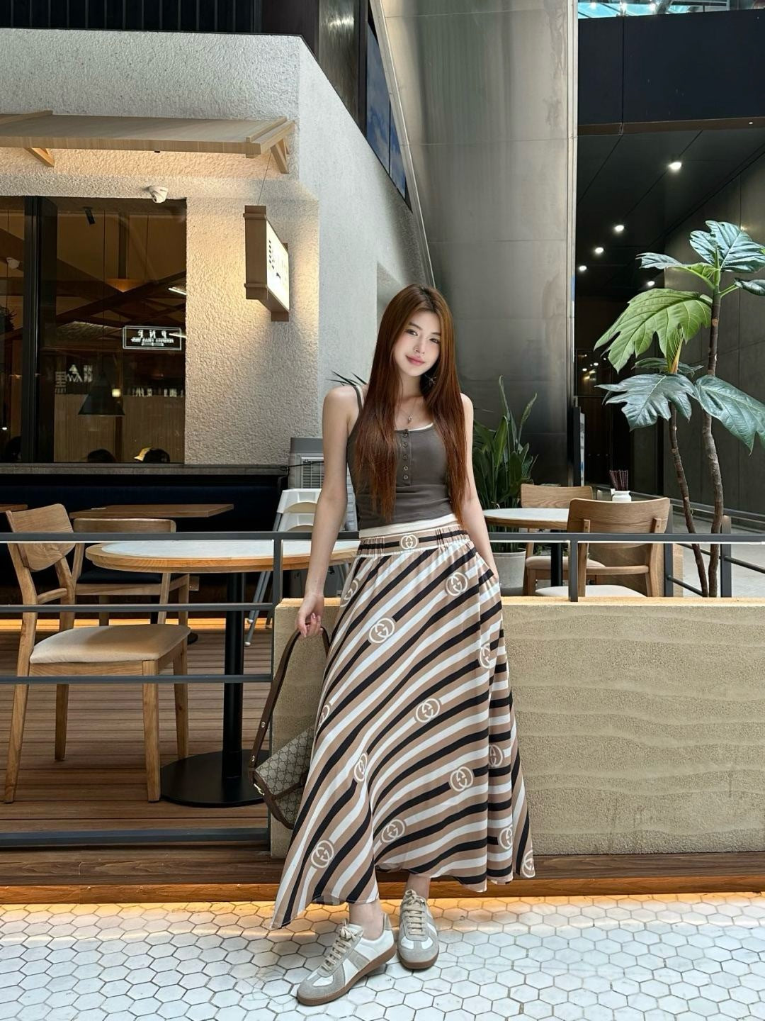 Gu* 25ss printed elastic waist skirt