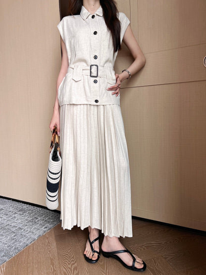 Lor*P belted vest + pleated skirt set