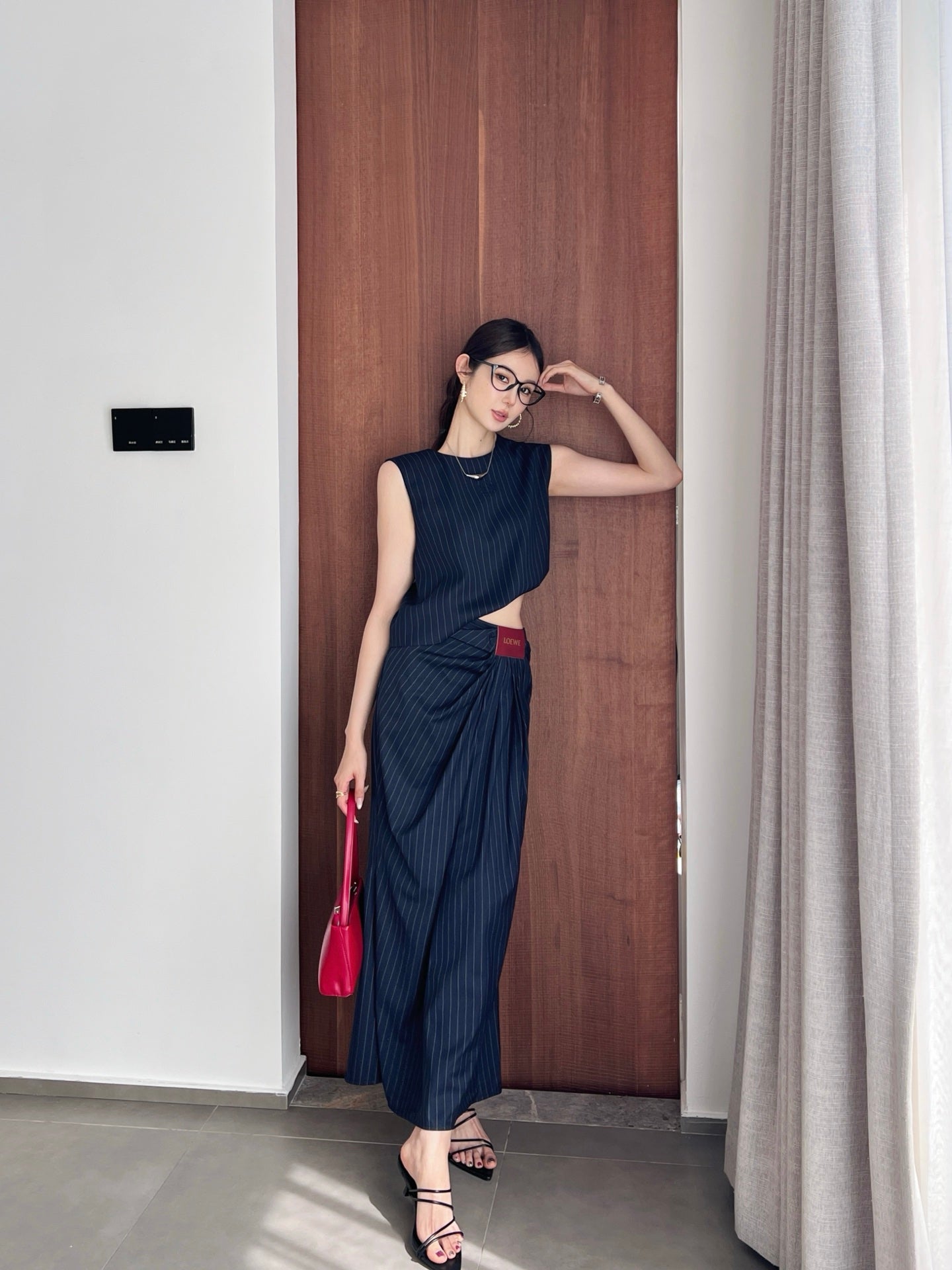 Loe* 25ss Draped Striped Skirt Suit