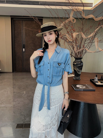Pra* 25ss bow denim shirt