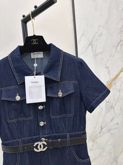 Cel* 25ss belted denim mini dress with buttons