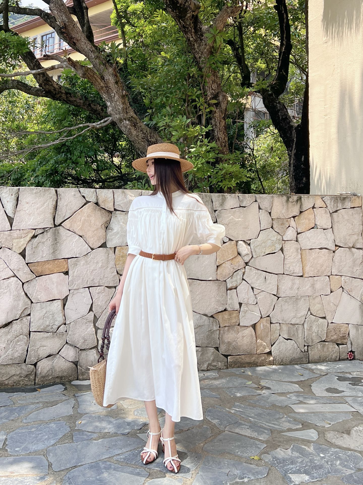 Loe* 25ss hollow patch belted dress