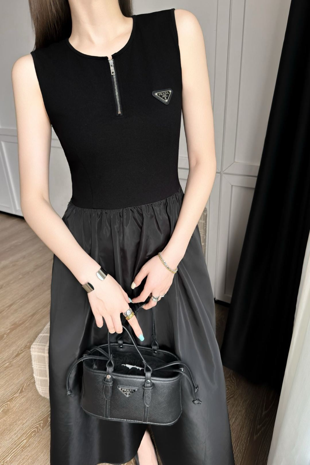 Pra* 25ss half-zip panel nylon dress
