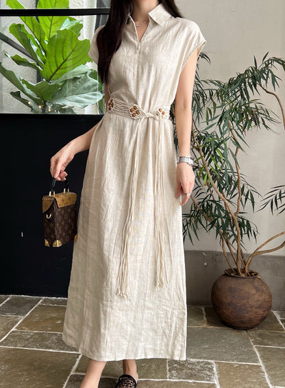 Lor*P 25ss linen tied belt shirt dress