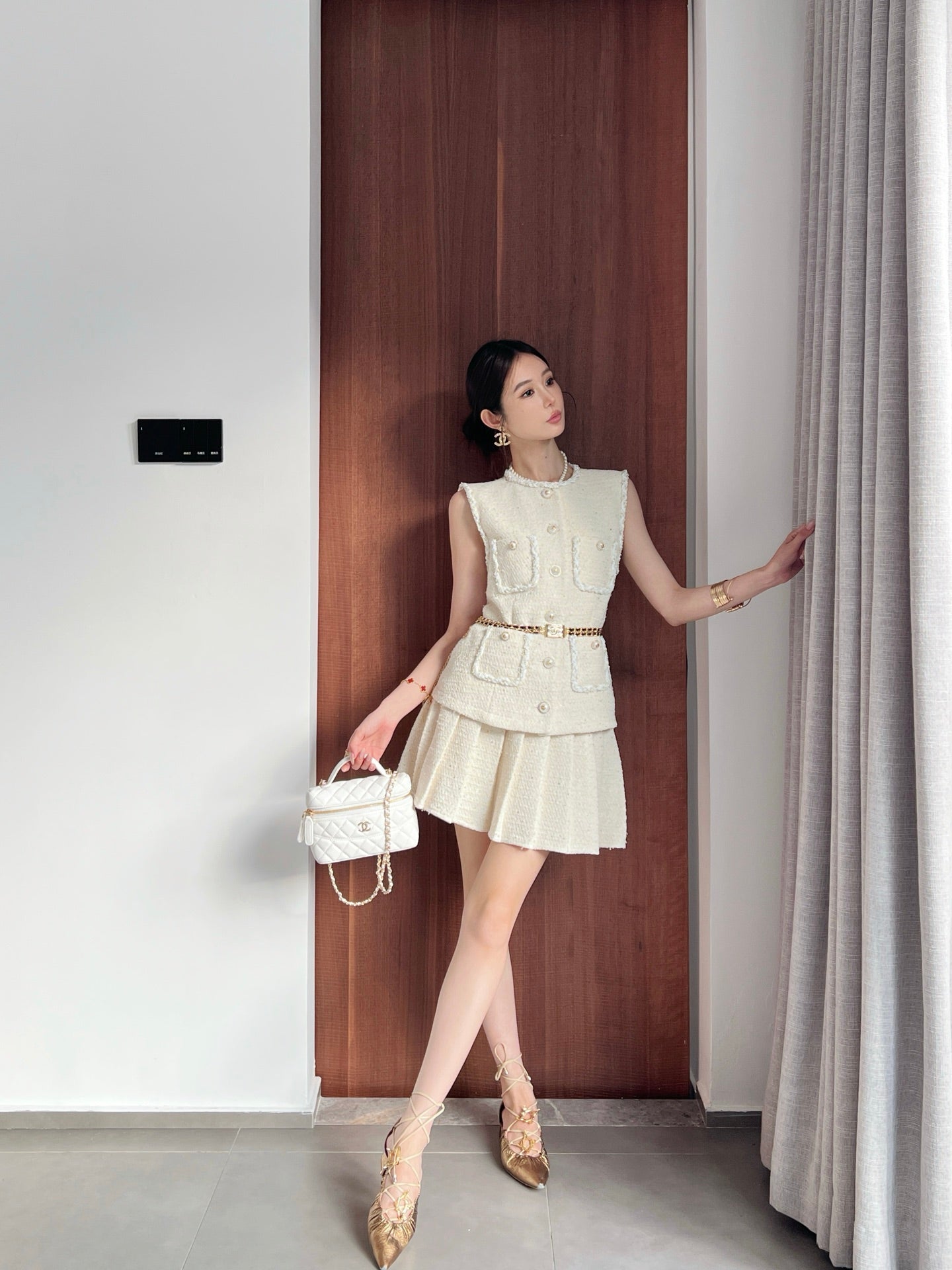 C*nel 25ss sleeveless braided vest and pleated skirt suit
