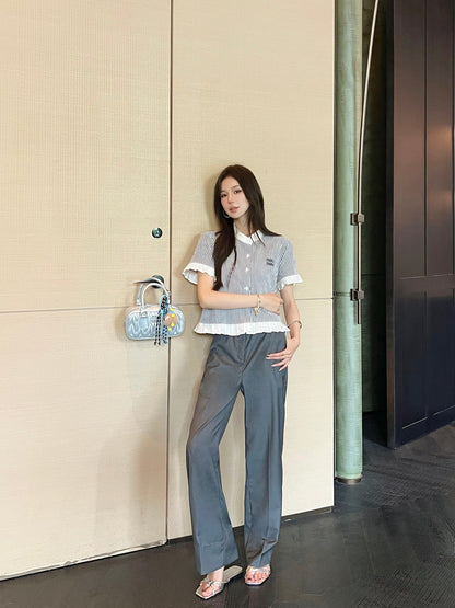M*u 25ss striped crop pleated shirt