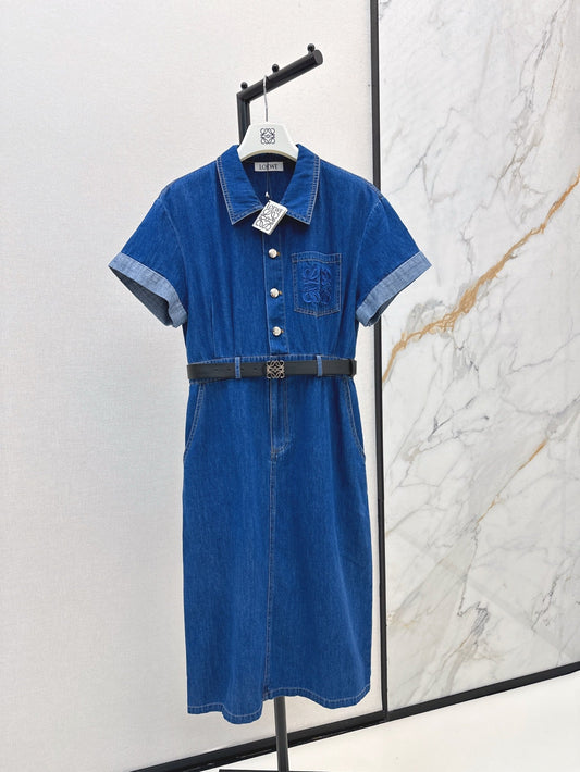 Loe* button belted denim dress