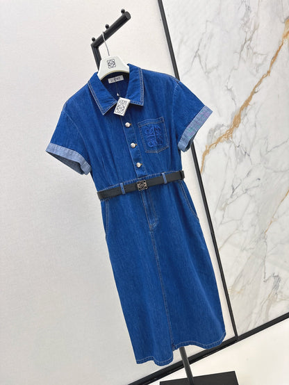 Loe* button belted denim dress