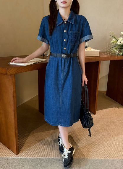 Loe* button belted denim dress