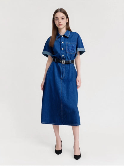 Loe* button belted denim dress
