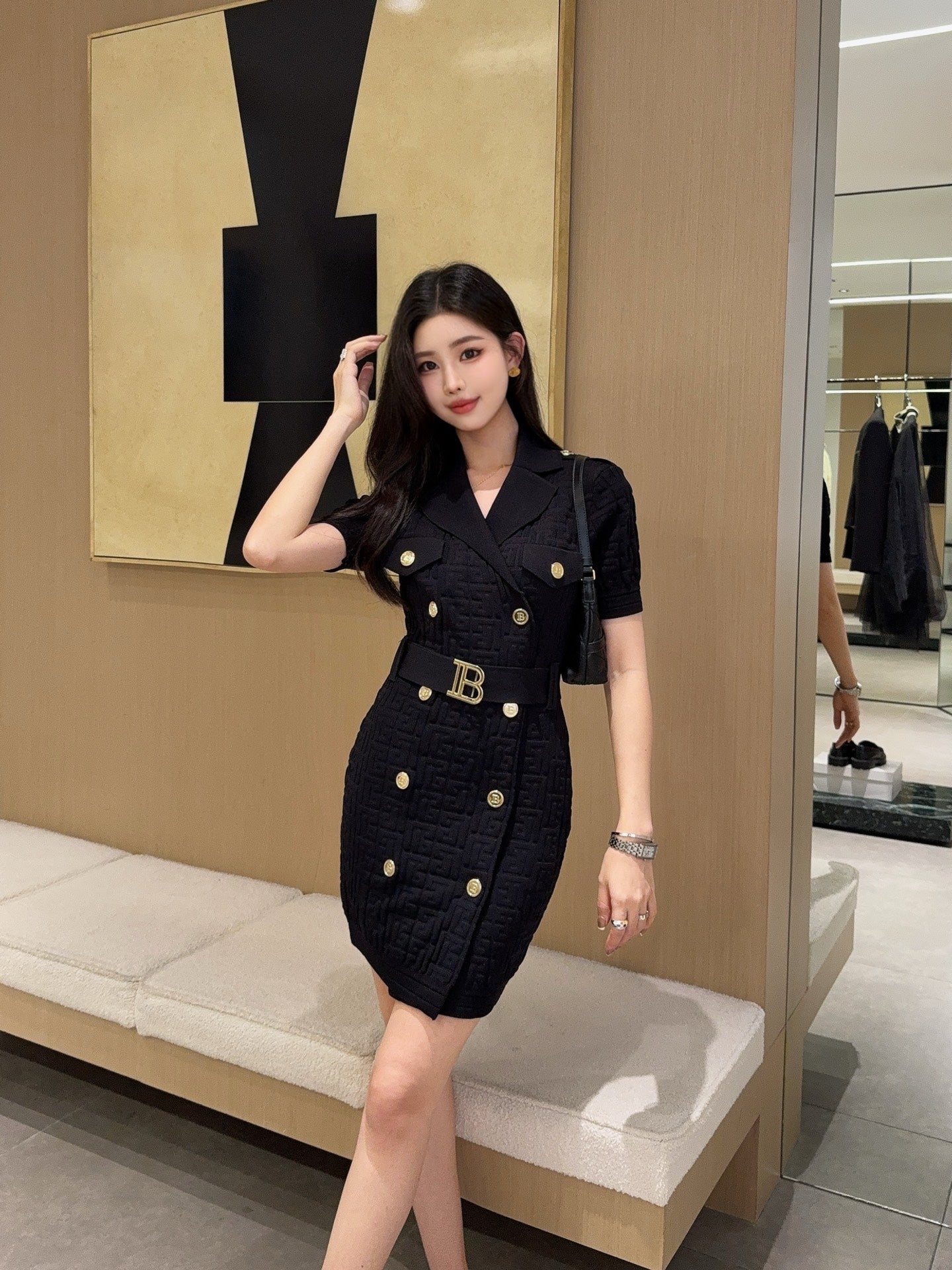 Balm* 25ss monogram knitted dress with gold buttons
