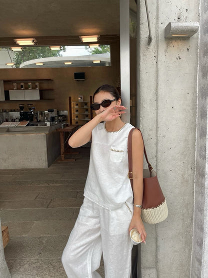 Lor*P new embroidered trim vest and pants set