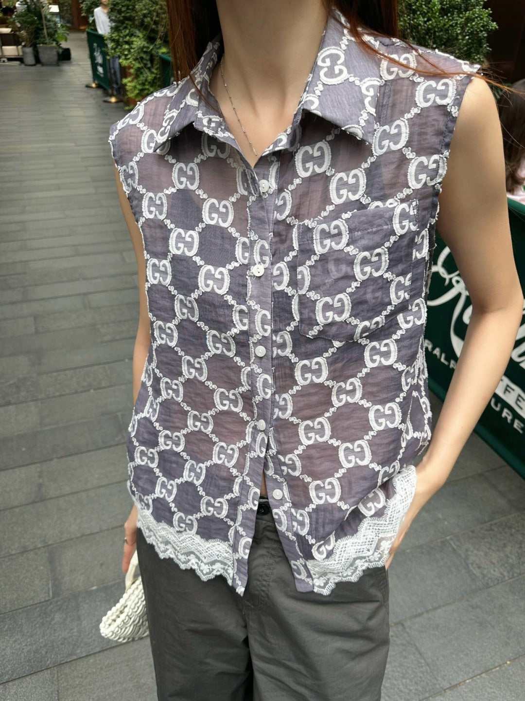 Gu* 25ss GG jacquard lace trim top