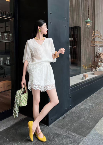 Lor*P 25ss ramie suit with lace trim