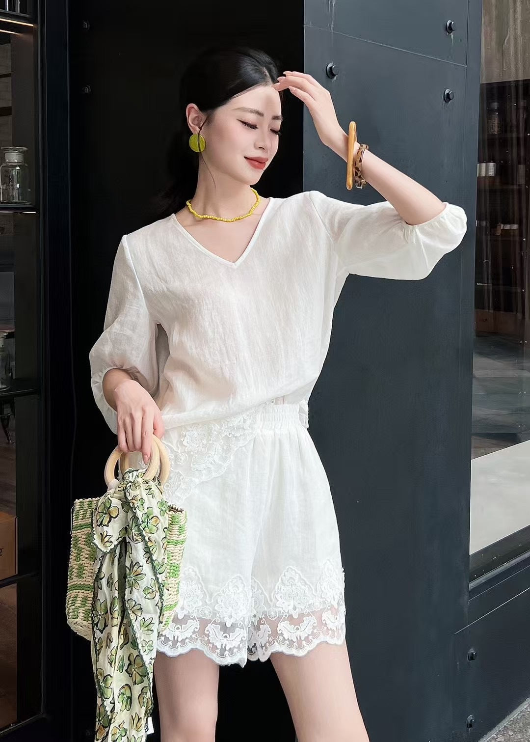 Lor*P 25ss ramie suit with lace trim