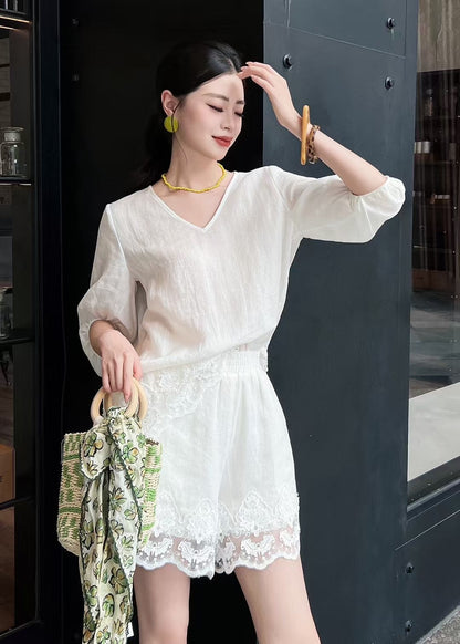 Lor*P 25ss ramie suit with lace trim