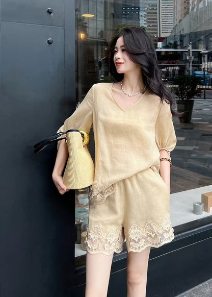 Lor*P 25ss ramie suit with lace trim