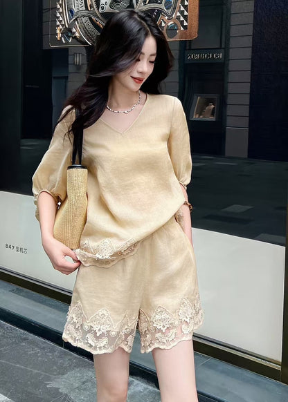 Lor*P 25ss ramie suit with lace trim
