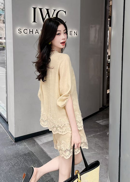 Lor*P 25ss ramie suit with lace trim