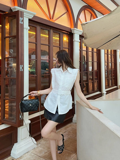 Loe* 25ss linen belted sleeveless blouse