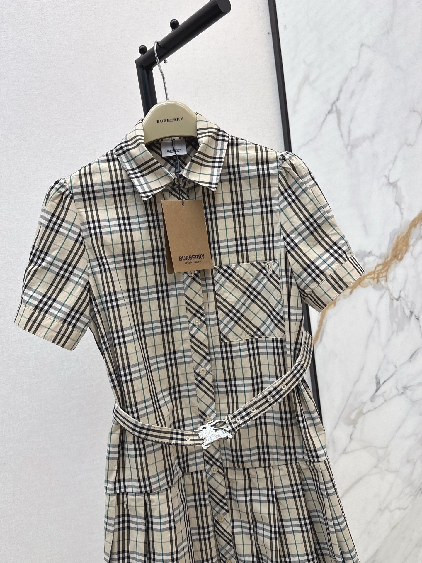 Bur* 25ss check pleated shirt dress