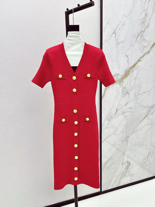 Balm* 25ss knit bodycon dress with gold buttons