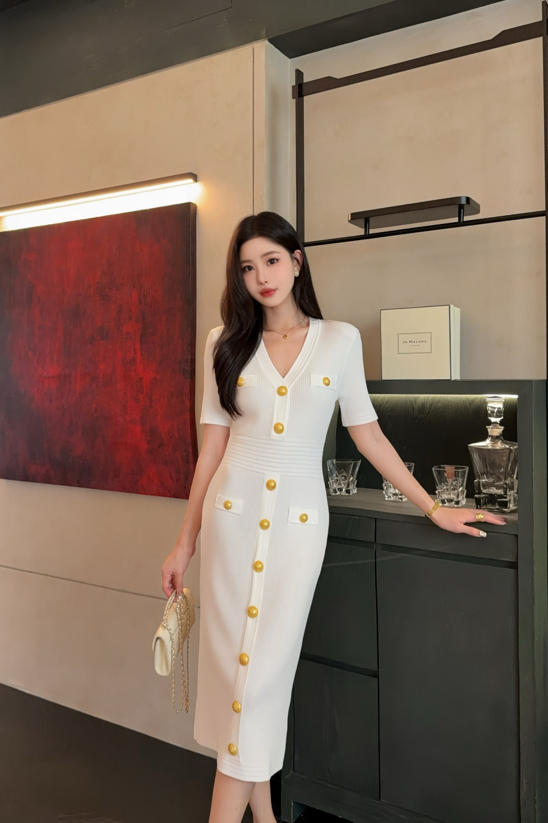 Balm* 25ss knit bodycon dress with gold buttons