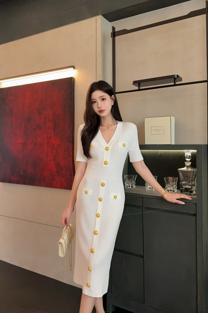 Balm* 25ss knit bodycon dress with gold buttons