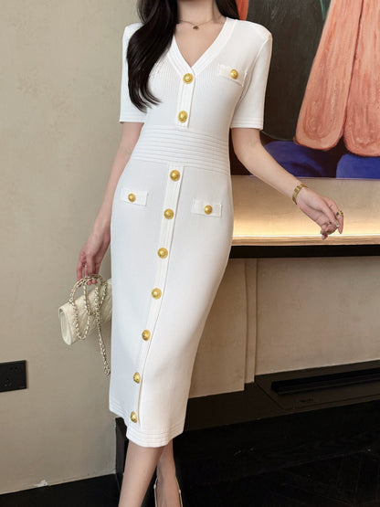Balm* 25ss knit bodycon dress with gold buttons