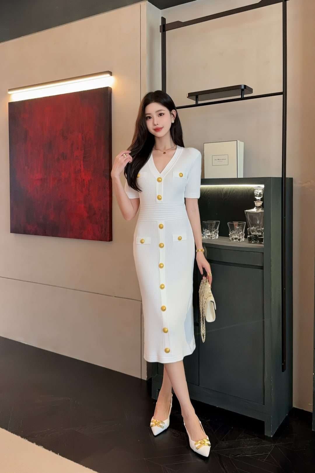 Balm* 25ss knit bodycon dress with gold buttons
