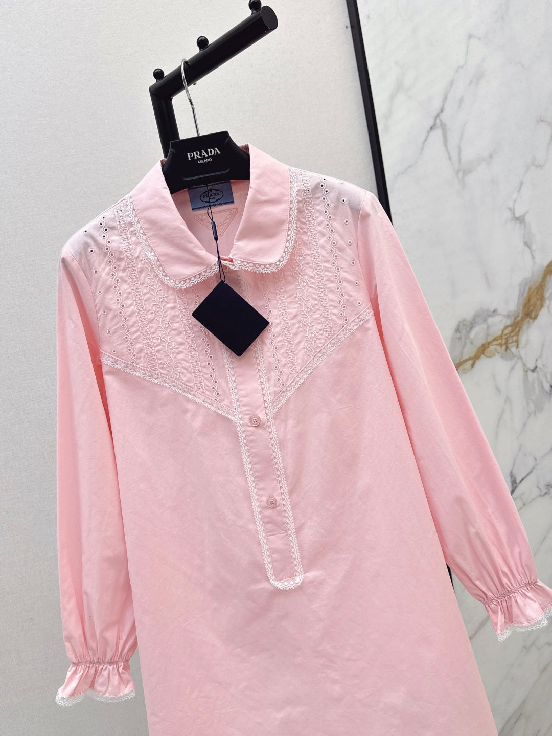 Pra* 25ss lace trim embroidered shirt dress
