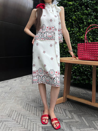 M*u 25ss printed linen vest and skirt set