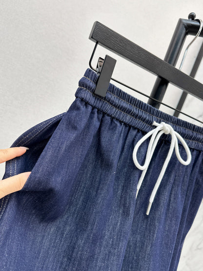 Zim* 25ss tassel trim drawstring denim shorts