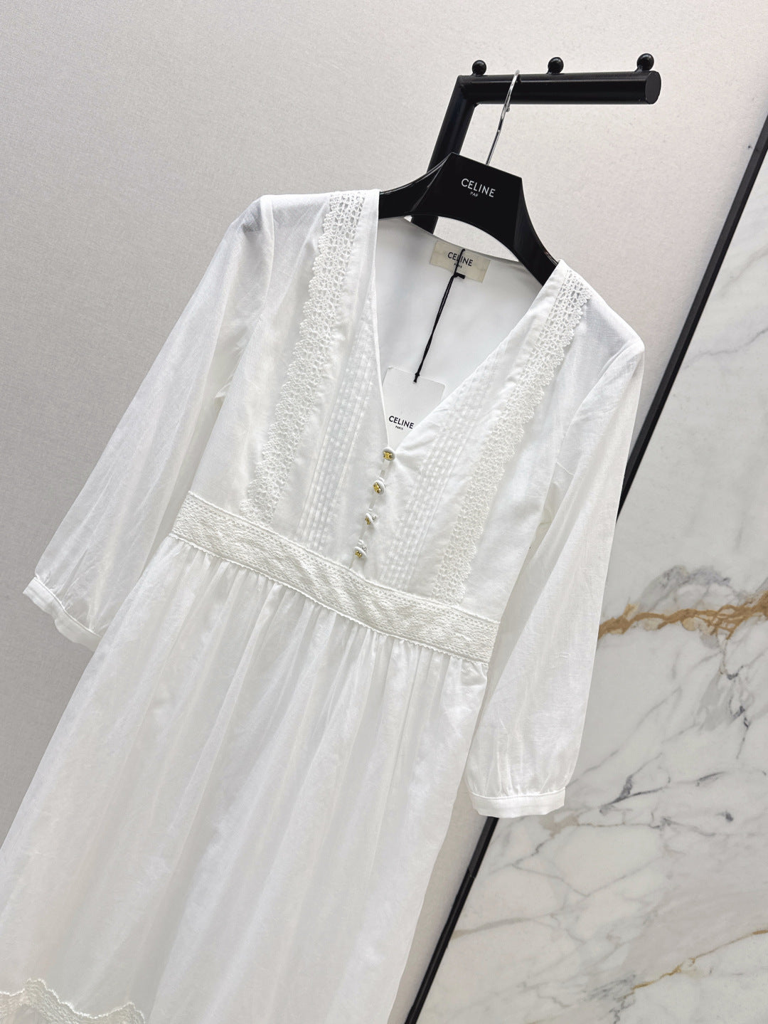 Cel* 25ss lace accent plunging long dress