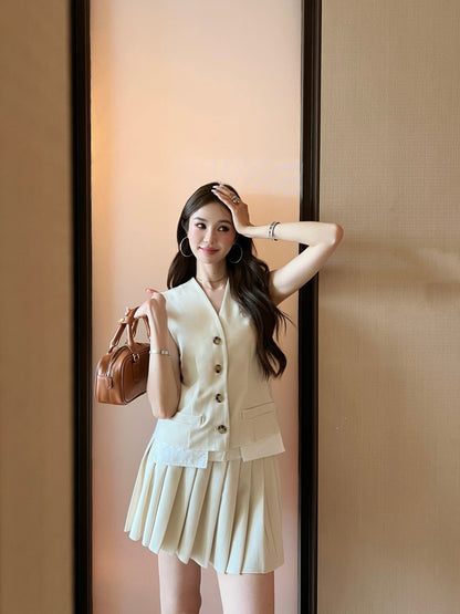 M*u 25ss color-blocked pleated miniskirt