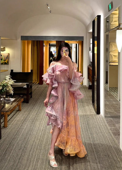 Zim* 25ss Asymmetric ruffled lace midi dress
