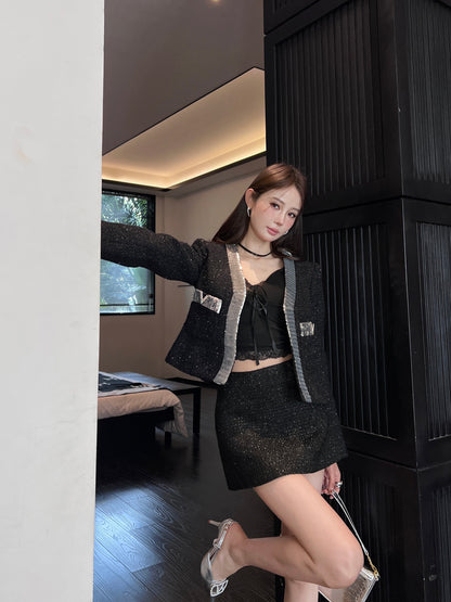 Valen* 25ss sequins embroidered tweed crop jacket