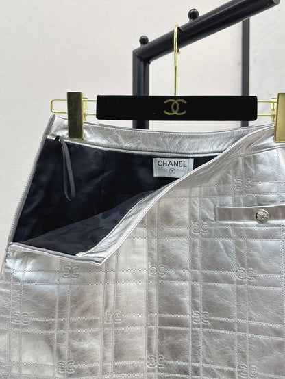 C*nel embossed check leather miniskirt