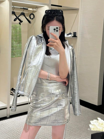 C*nel embossed check leather miniskirt
