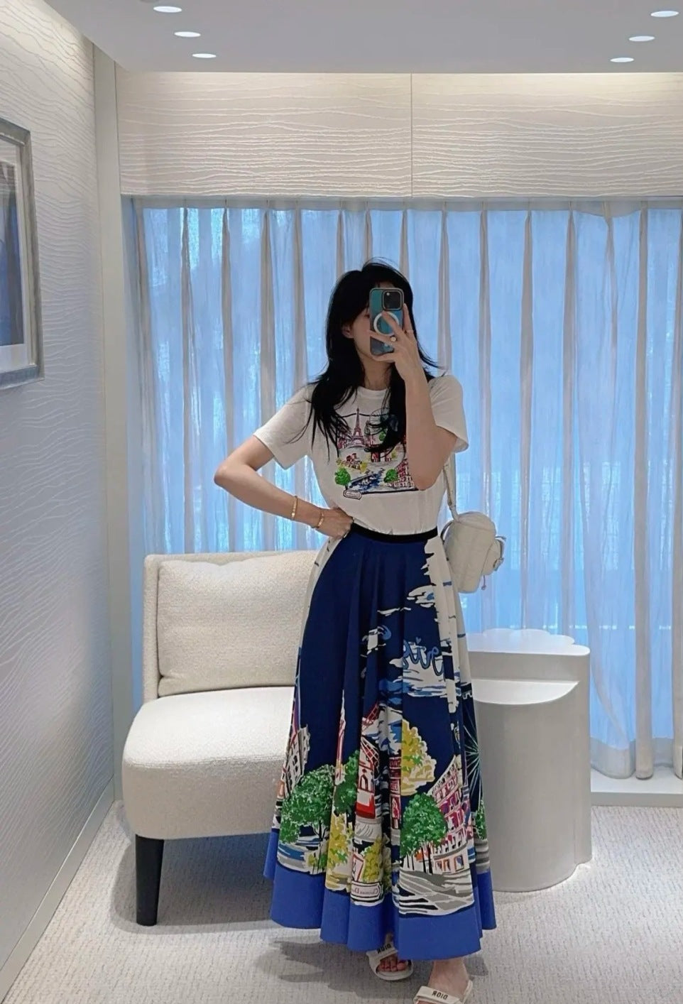 D*r 25ss print souvenir flared skirt