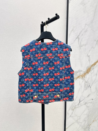 Loui* 25ss monogram jacquard cherry denim vest